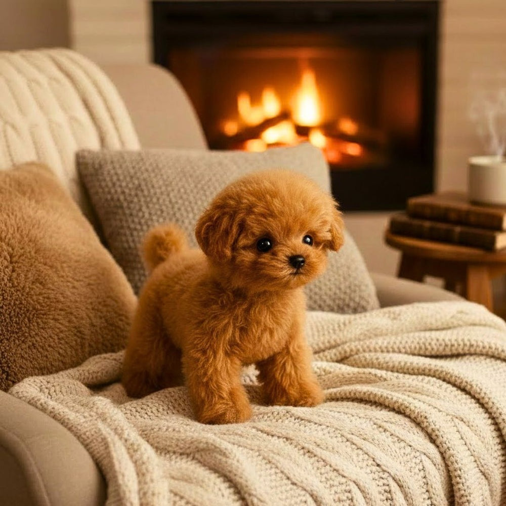 Plush poodle toy with curly fur, black eyes and a curled tail, standing on four legs - brown