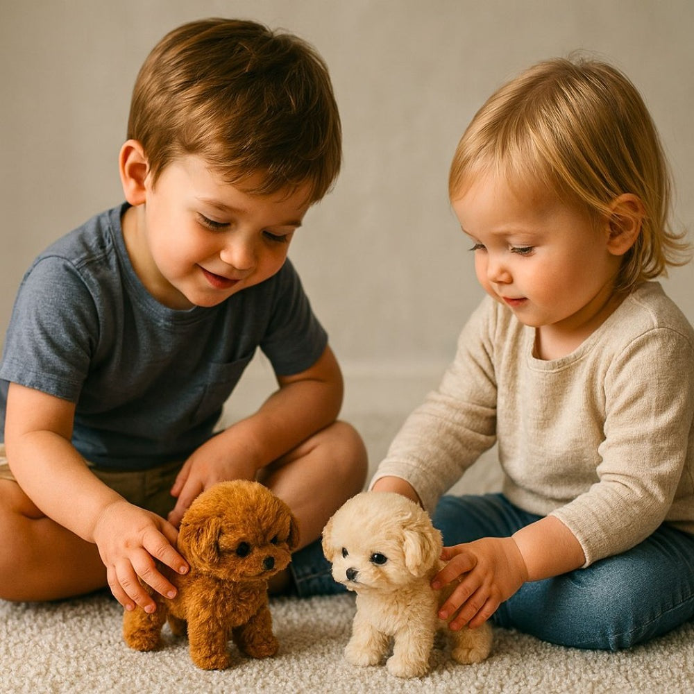 Plush poodle toy with curly fur, black eyes and a curled tail, standing on four legs