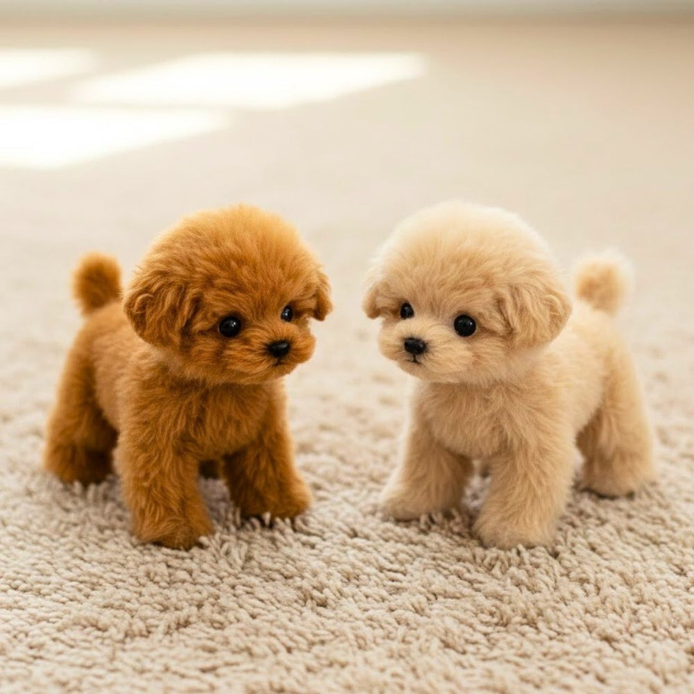 Plush poodle toy with curly fur, black eyes and a curled tail, standing on four legs