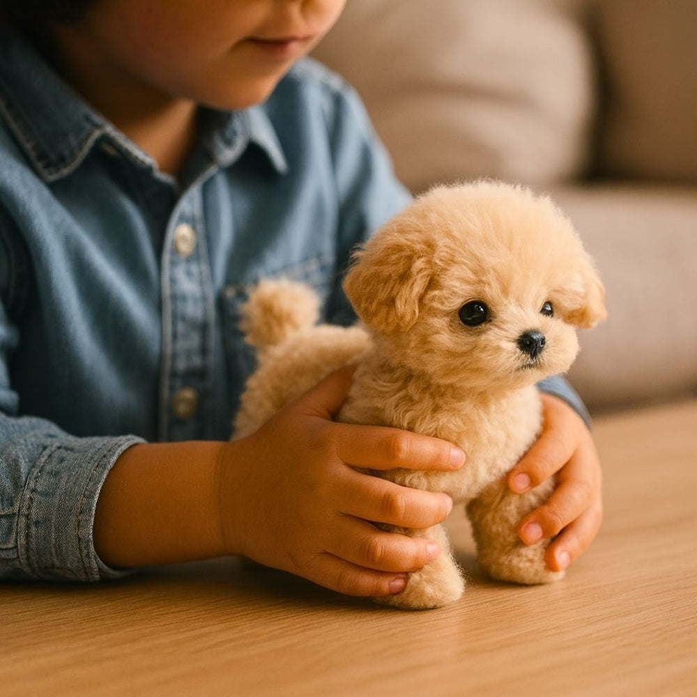 Plush poodle toy with curly fur, black eyes and a curled tail, standing on four legs