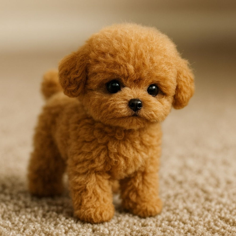 Plush poodle toy with curly fur, black eyes and a curled tail, standing on four legs