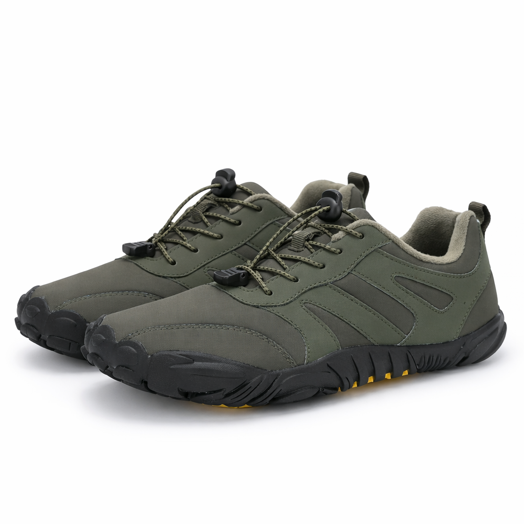 Unisex barefoot winter shoes with a toggle lace and a wide toe box in olive