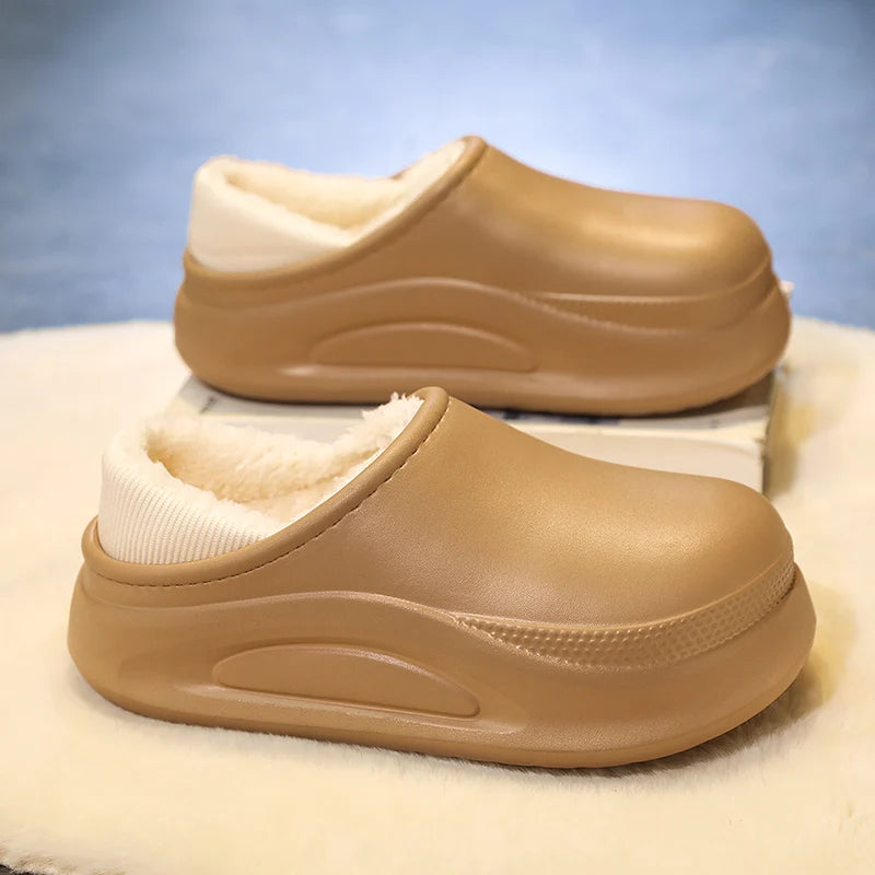 Platform slippers with a smooth upper, plush lining, open heel and high sole - camel