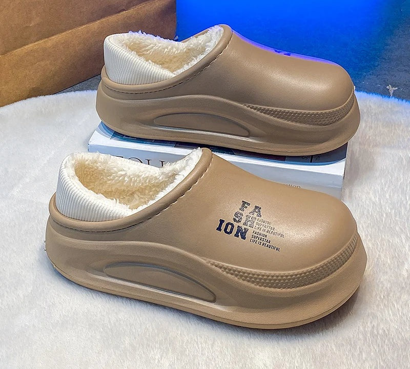 Platform slippers with a smooth upper, plush lining, open heel and high sole - khaki with lettering