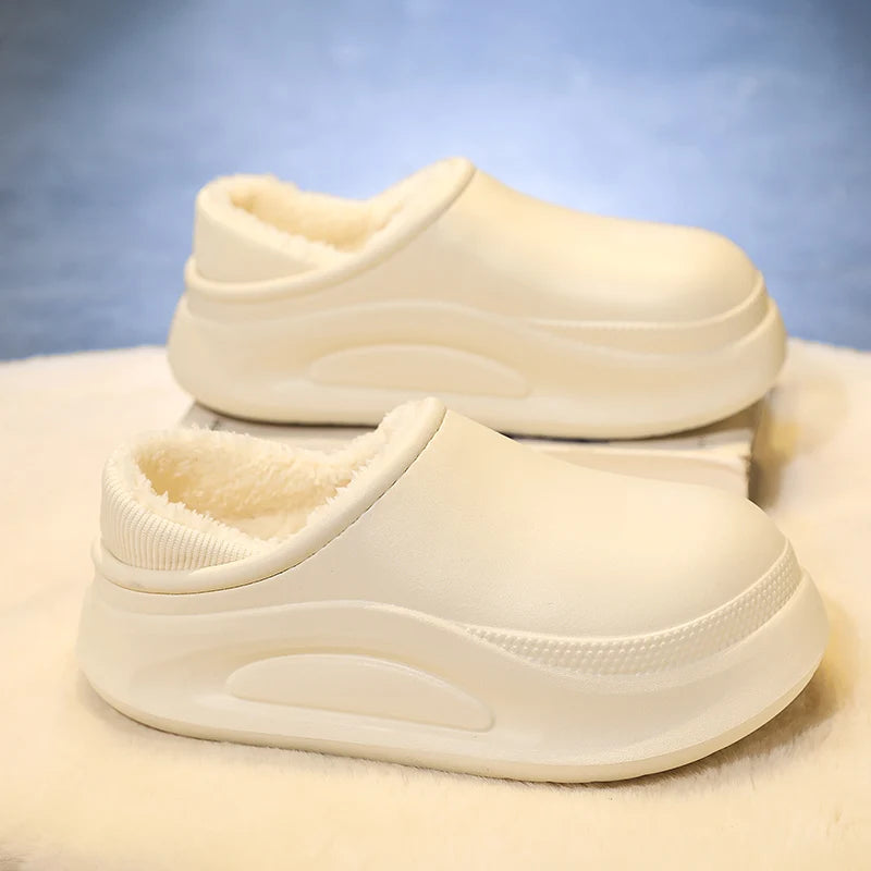 Platform slippers with a smooth upper, plush lining, open heel and high sole - cream