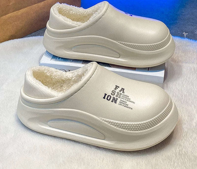 Platform slippers with a smooth upper, plush lining, open heel and high sole - cream with lettering