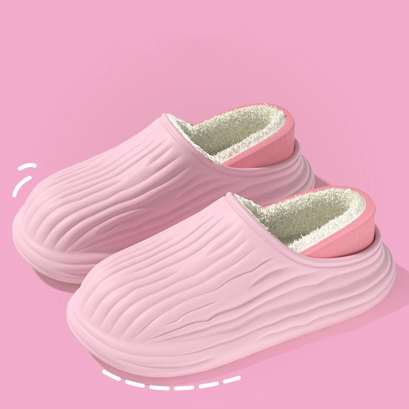 Slippers with a wave-textured upper, plush lining, open heel and thick sole - light pink