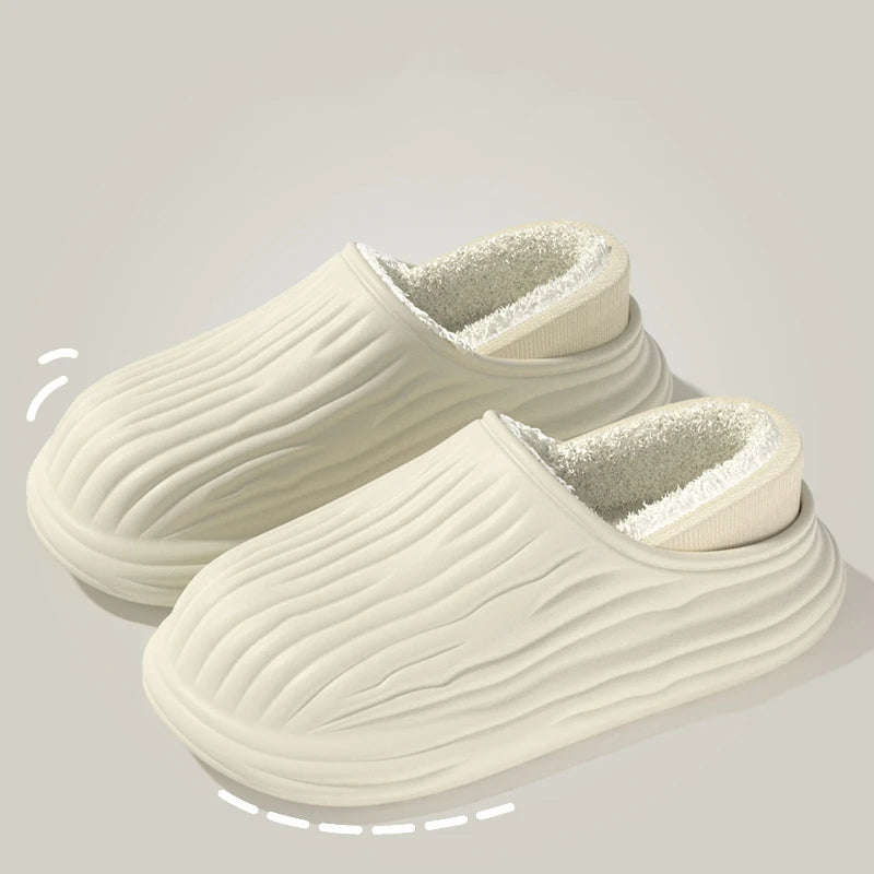 Slippers with a wave-textured upper, plush lining, open heel and thick sole - cream