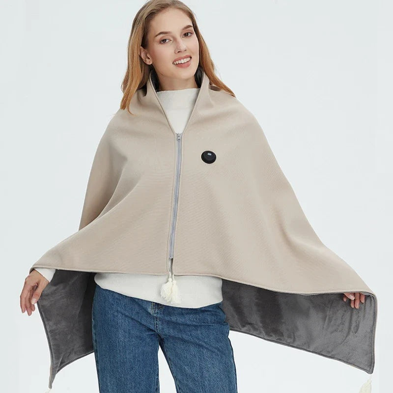 Wearable electric blanket with a zip and USB connection - beige