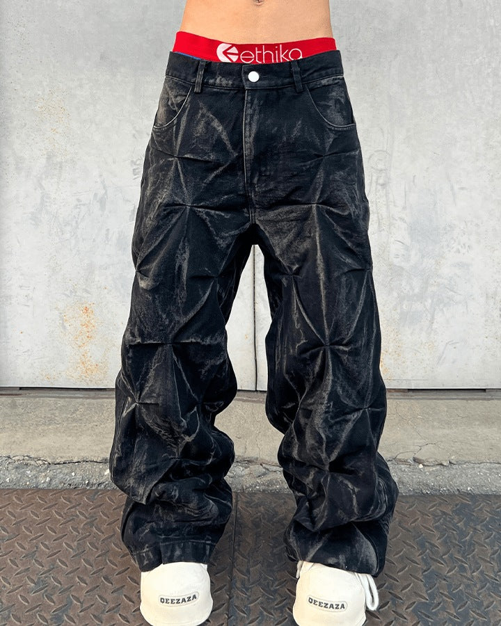 Wide baggy jeans with a pleated crinkle texture and waxed finish - view 5