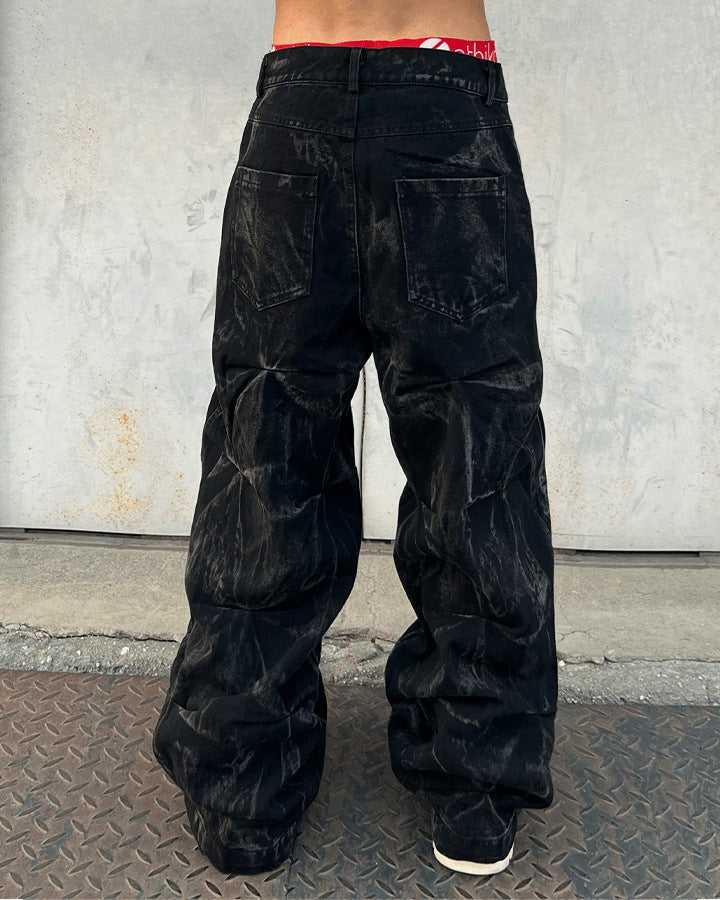 Wide baggy jeans with a pleated crinkle texture and waxed finish - view 6