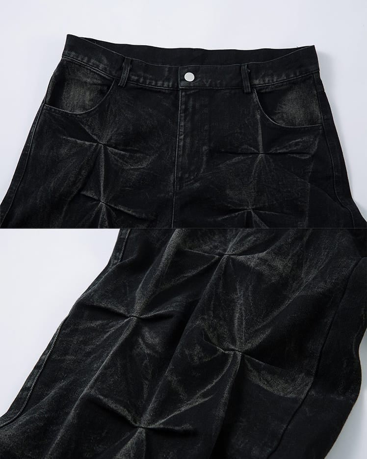 Wide baggy jeans with a pleated crinkle texture and waxed finish - view 7