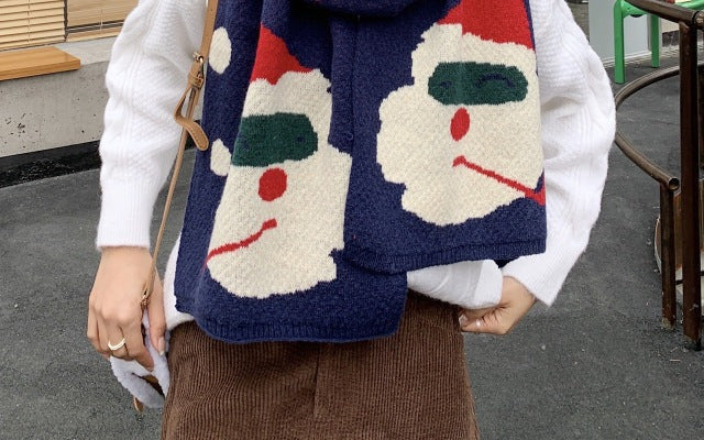 Wide knitted Christmas scarf with large Father Christmas faces at the ends - navy