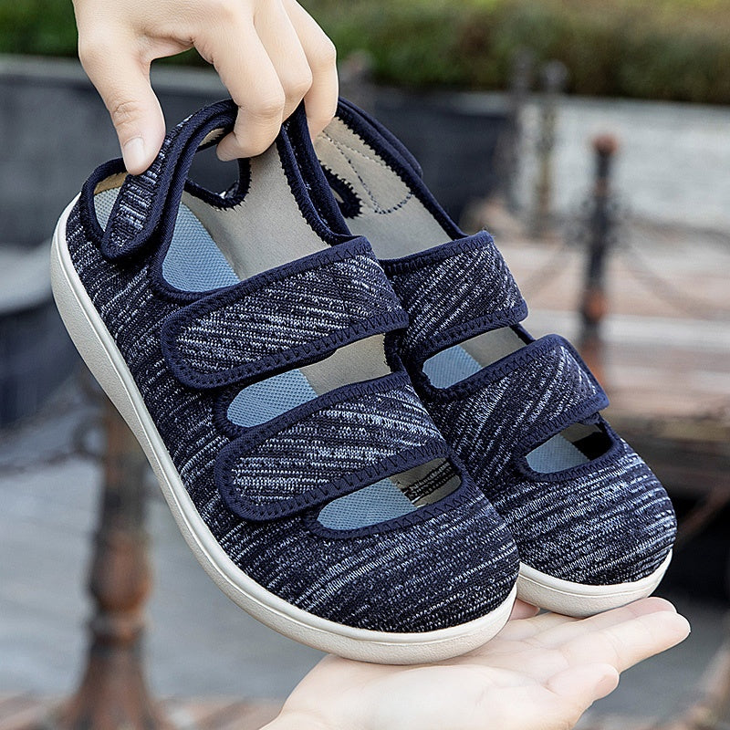 Orthopaedic shoe with three touch-fastening straps and open sides for swollen feet - blue marl