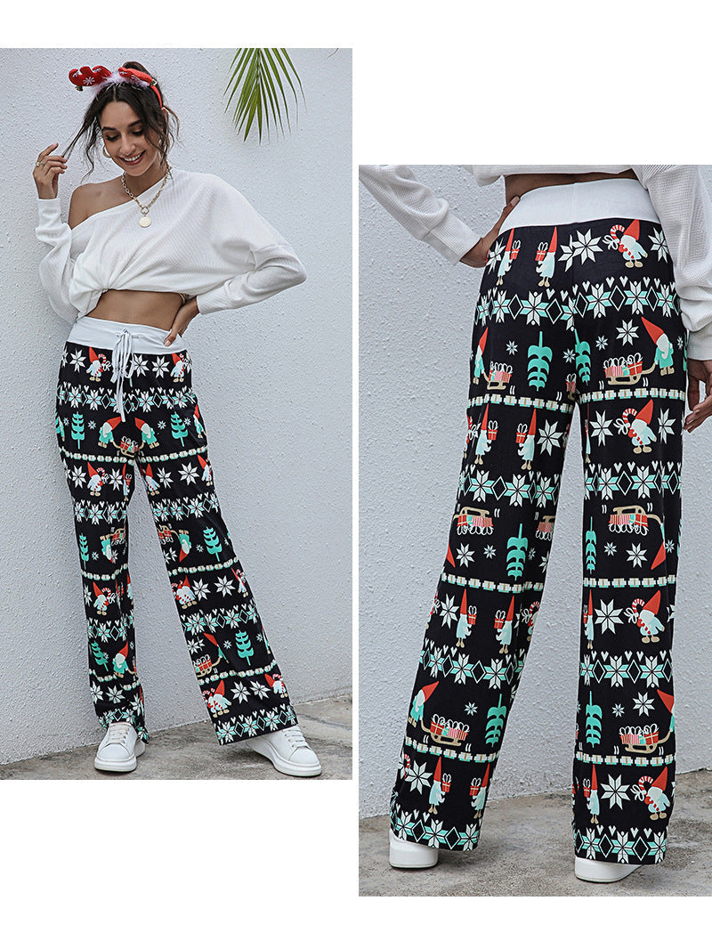 Women's wide-leg Christmas trousers with a high drawstring waist and festive print