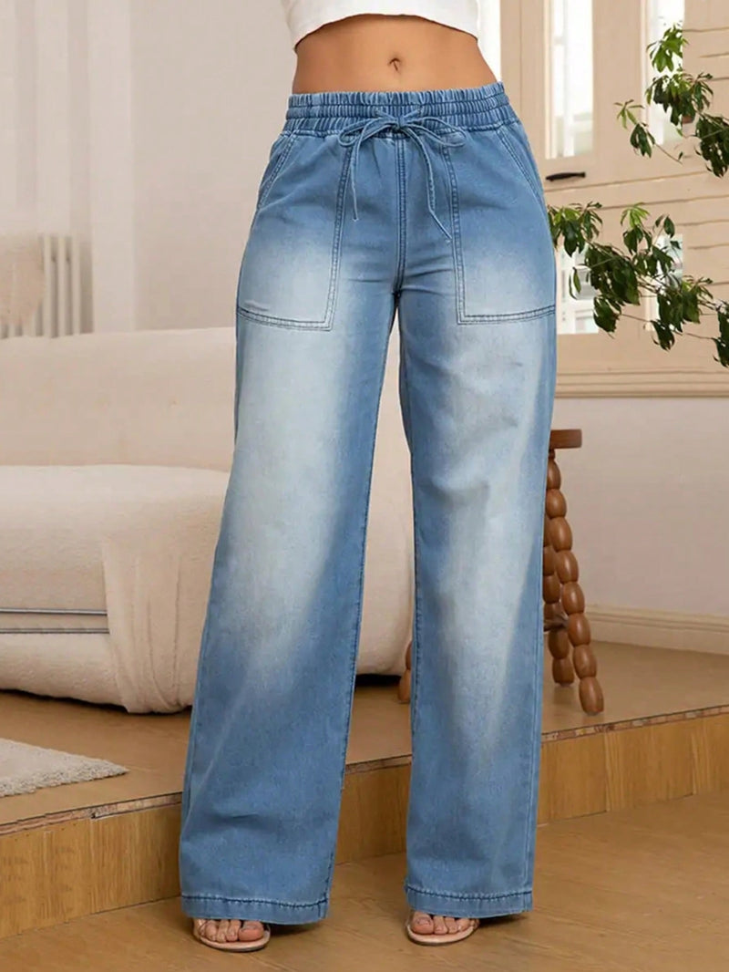 Wide leg jeans for women with an elastic drawstring waist and patch pockets - light blue