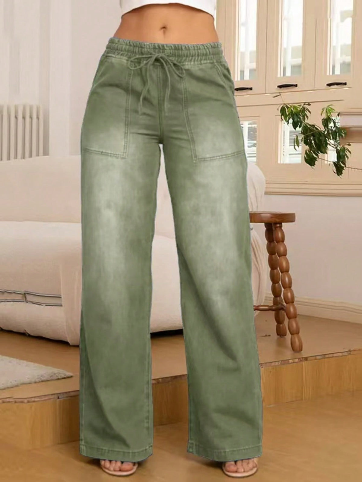 Wide leg jeans for women with an elastic drawstring waist and patch pockets - army green