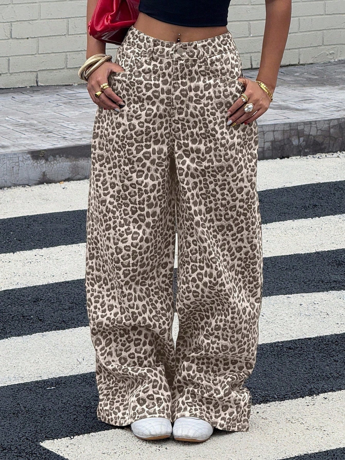 Leopard print jeans for women in cotton denim with a wide straight leg - view 12