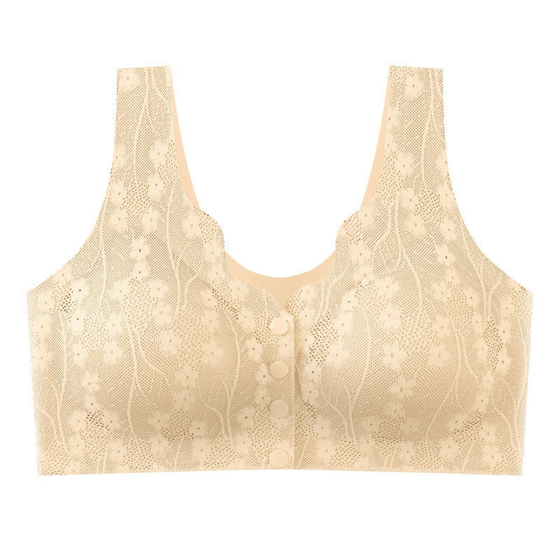 Wireless bra with a buttoned front fastening and floral lace - beige