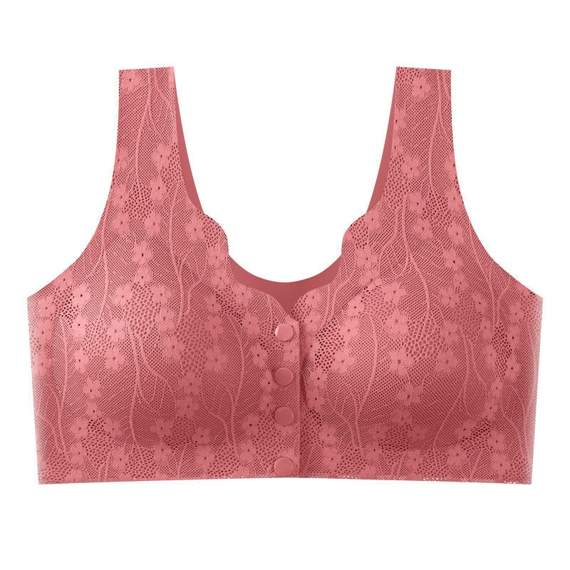 Wireless bra with a buttoned front fastening and floral lace - coral pink