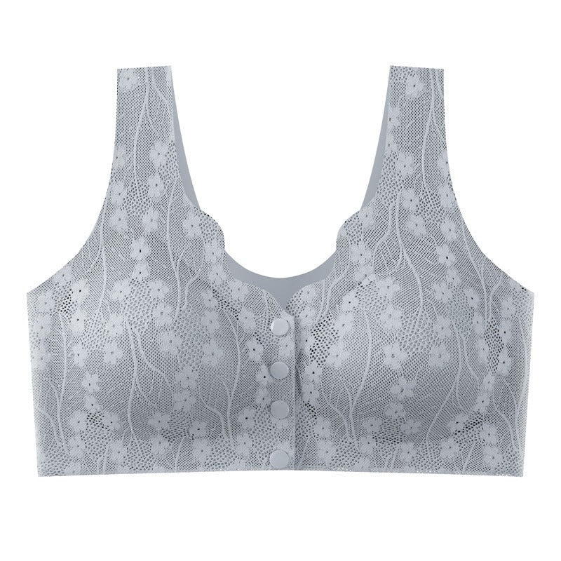 Wireless bra with a buttoned front fastening and floral lace - grey