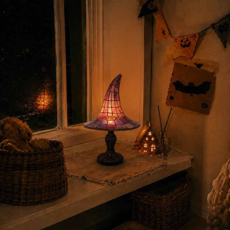 Table lamp shaped like a witch's hat with a coloured mosaic shade - view 3