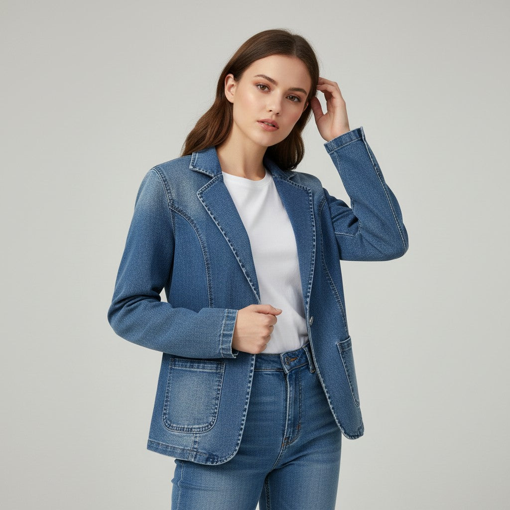 Mid wash denim blazer with a notch lapel and contrast topstitching in mid wash