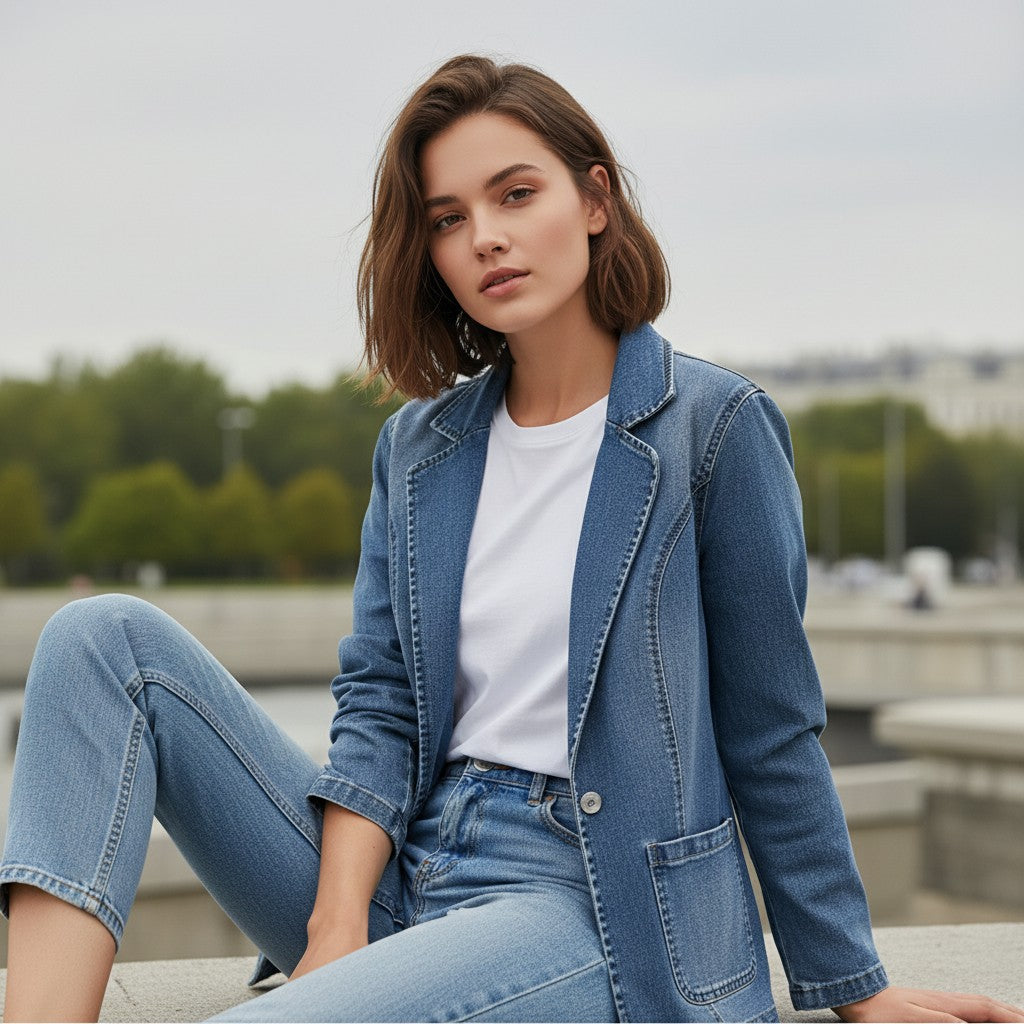 Mid wash denim blazer with a notch lapel and contrast topstitching