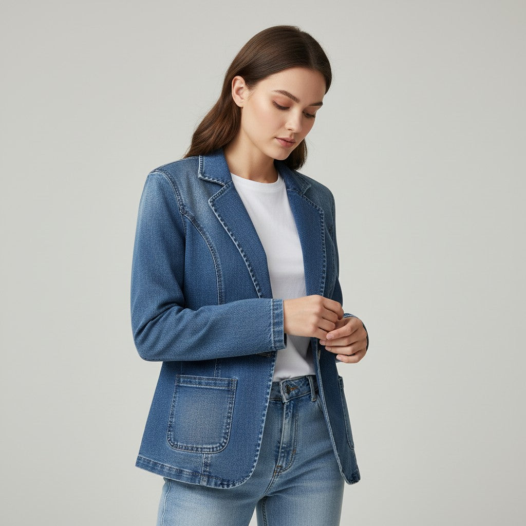 Mid wash denim blazer with a notch lapel and contrast topstitching