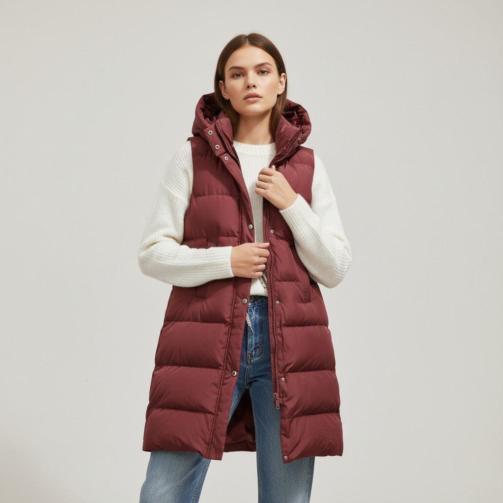 Longline sleeveless puffer gilet with a padded hood and zip front