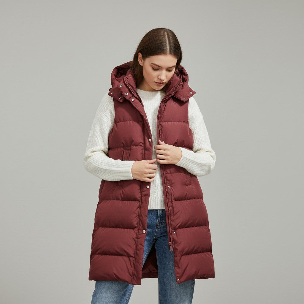 Longline sleeveless puffer gilet with a padded hood and zip front