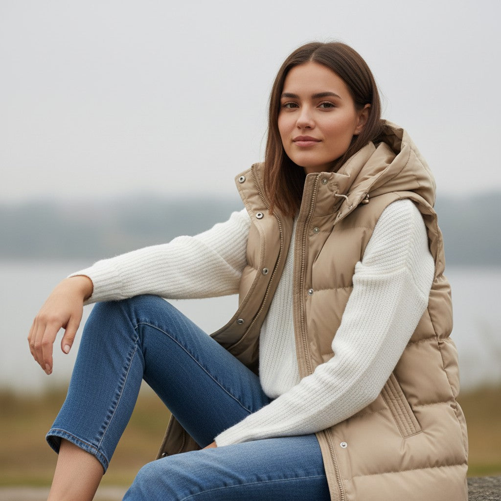 Longline sleeveless puffer gilet with a padded hood and zip front