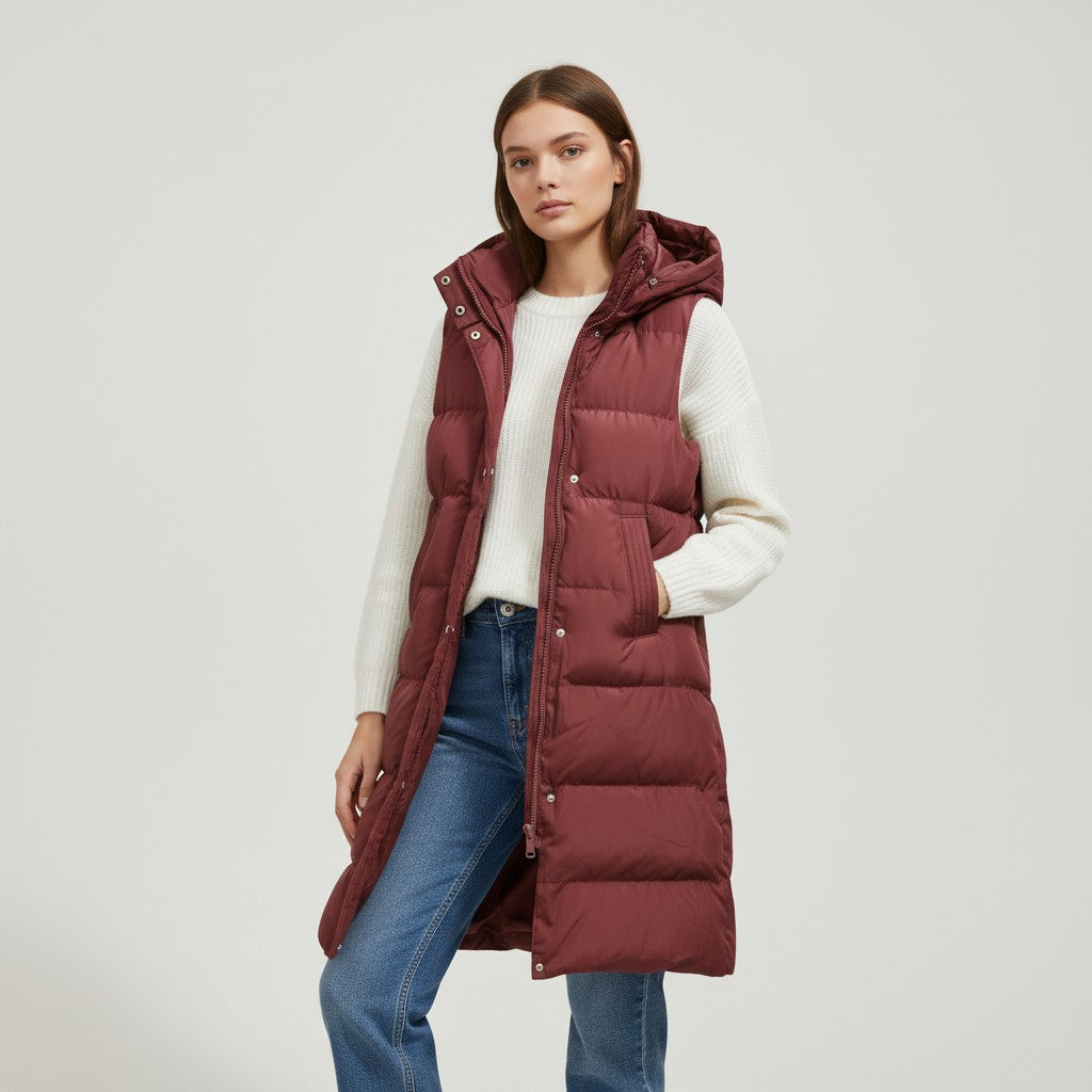 Longline sleeveless puffer gilet with a padded hood and zip front in burgundy