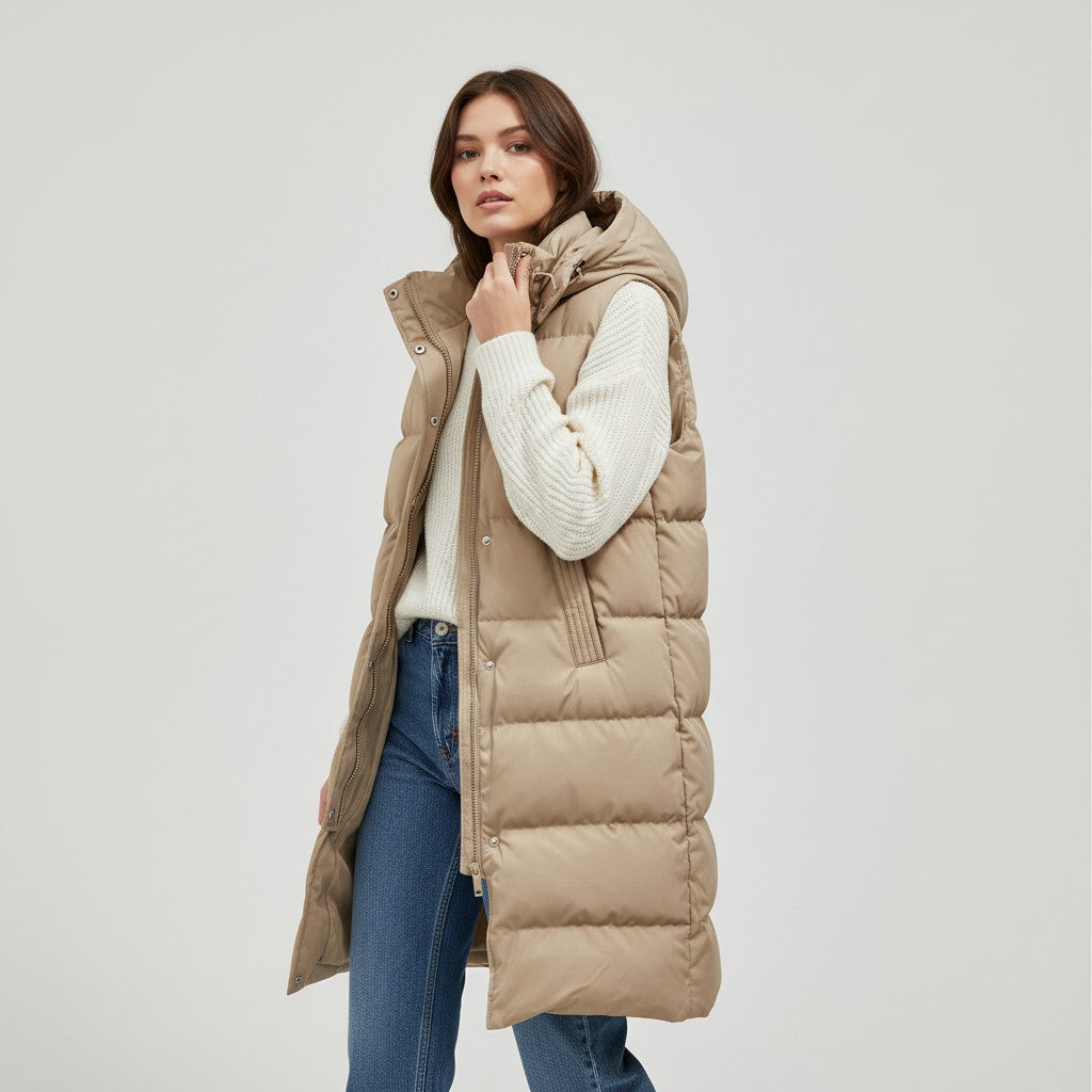 Longline sleeveless puffer gilet with a padded hood and zip front in khaki