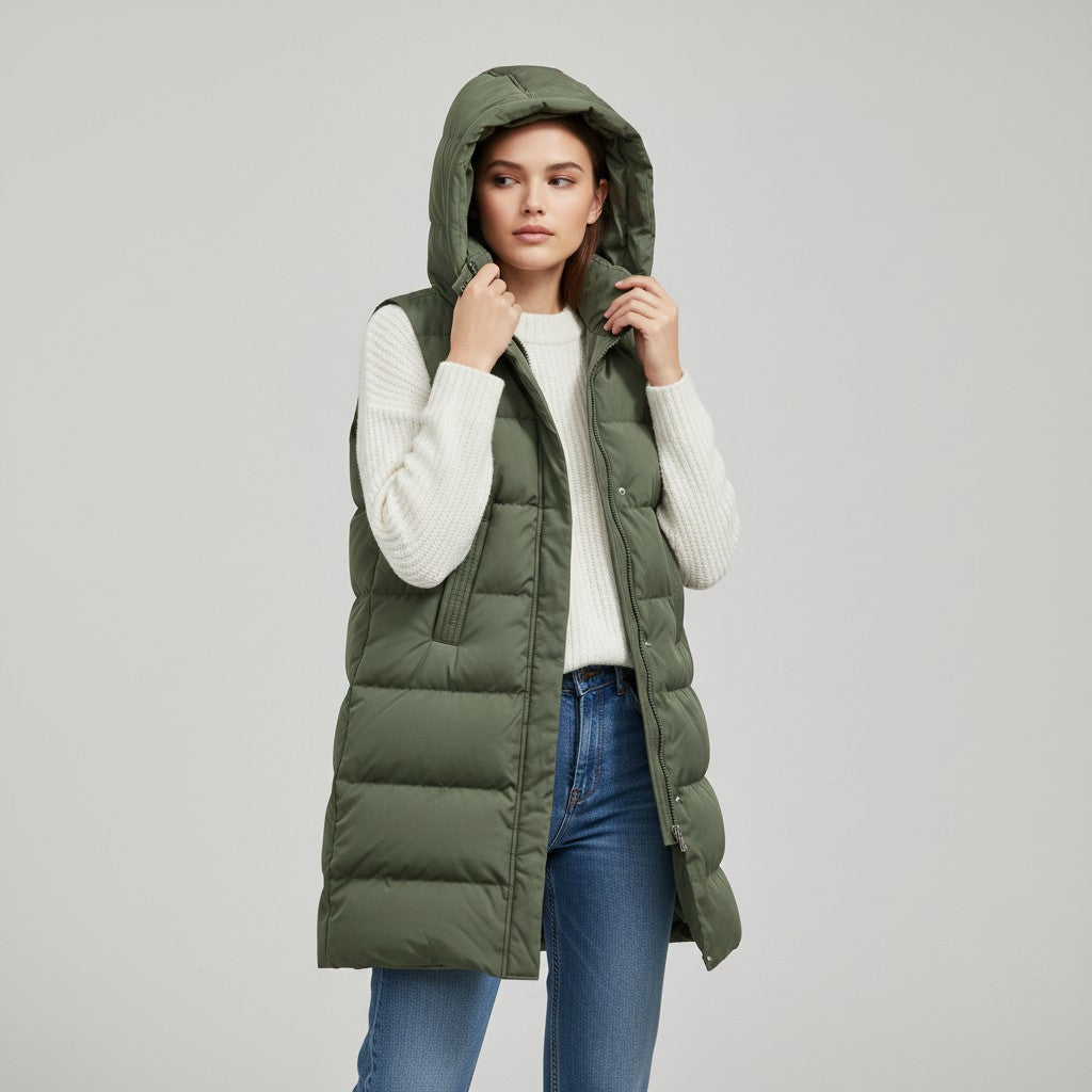 Longline sleeveless puffer gilet with a padded hood and zip front
