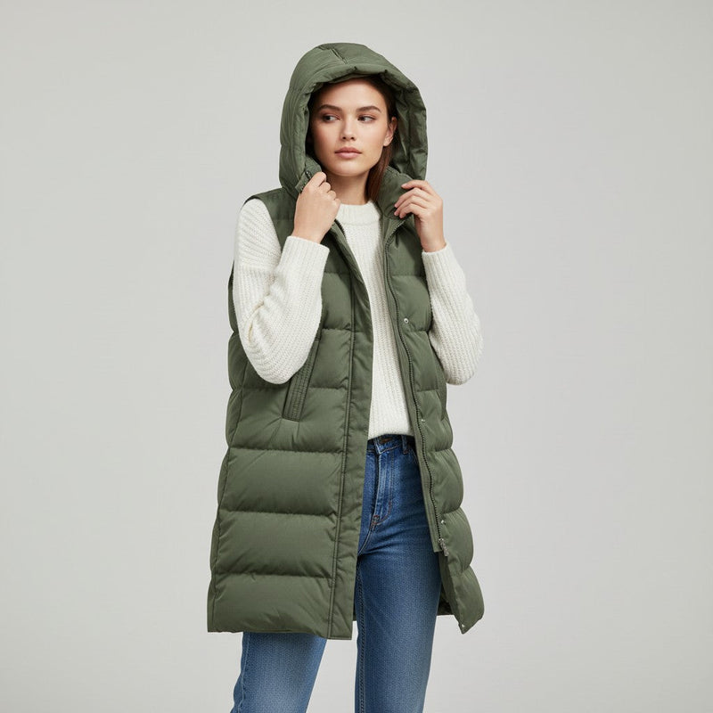 Longline sleeveless puffer gilet with a padded hood and zip front