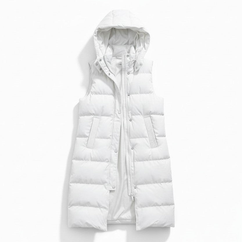 Longline sleeveless puffer gilet with a padded hood and zip front