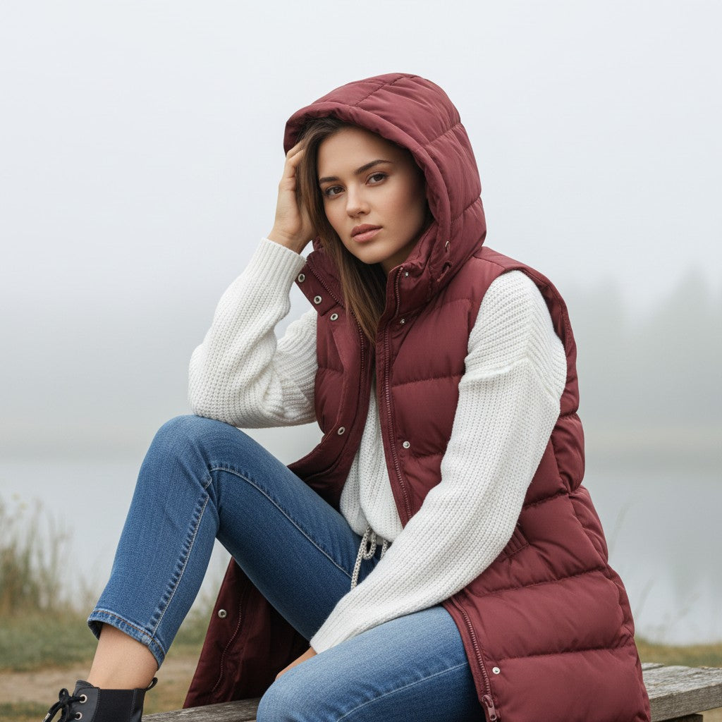 Longline sleeveless puffer gilet with a padded hood and zip front