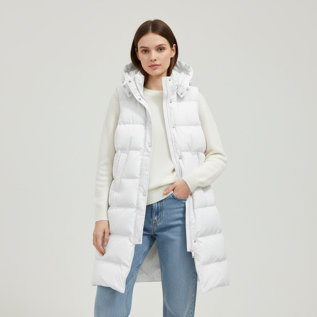Longline sleeveless puffer gilet with a padded hood and zip front in off white