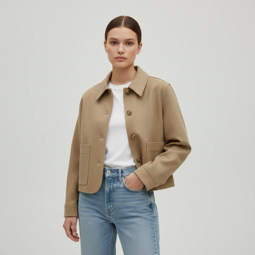 Short camel suede-look coat with a shirt collar and patch pockets in camel