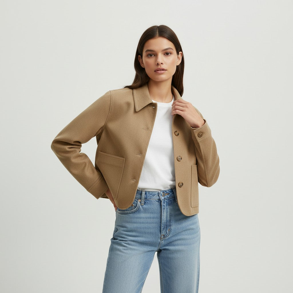 Short camel suede-look coat with a shirt collar and patch pockets