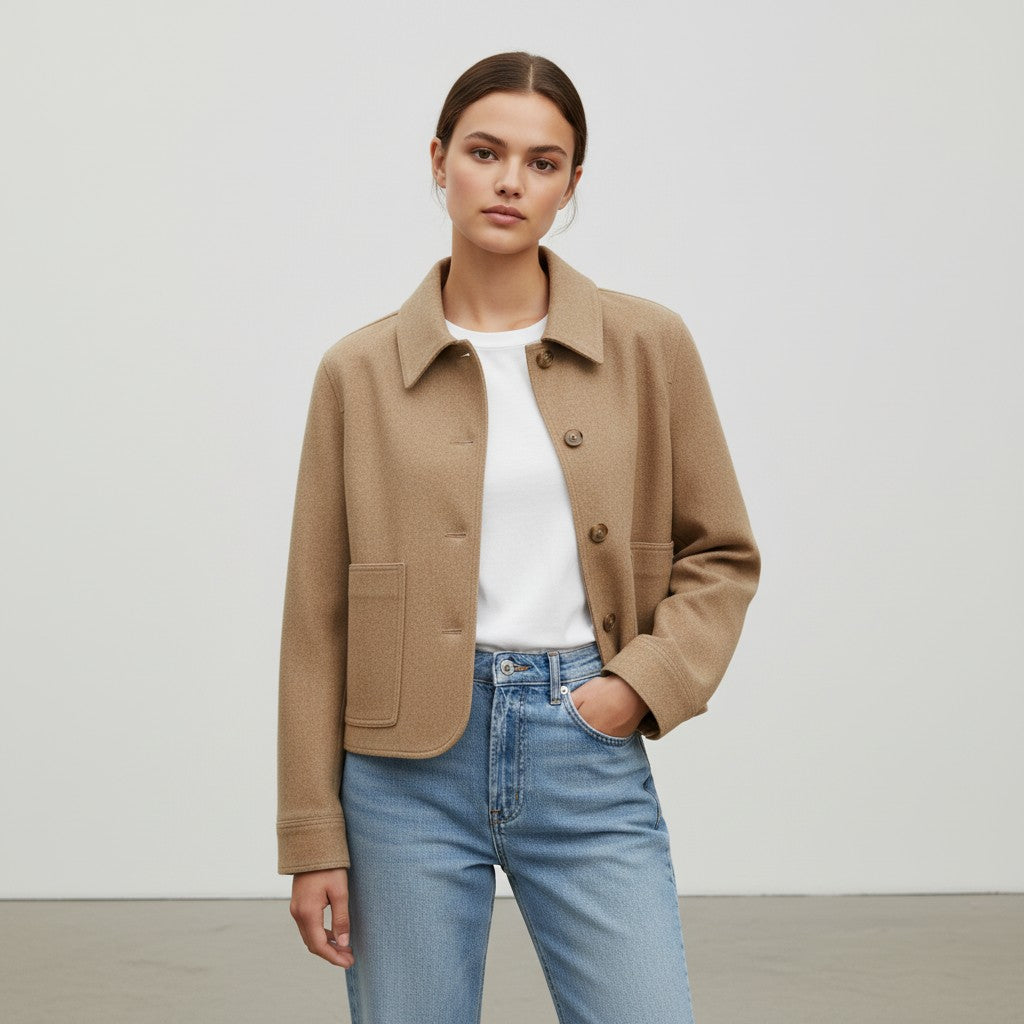 Short camel suede-look coat with a shirt collar and patch pockets