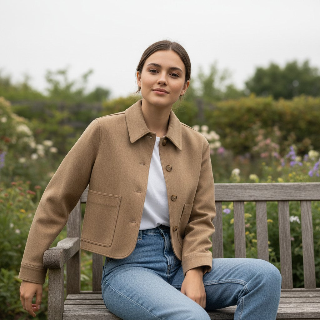 Short camel suede-look coat with a shirt collar and patch pockets