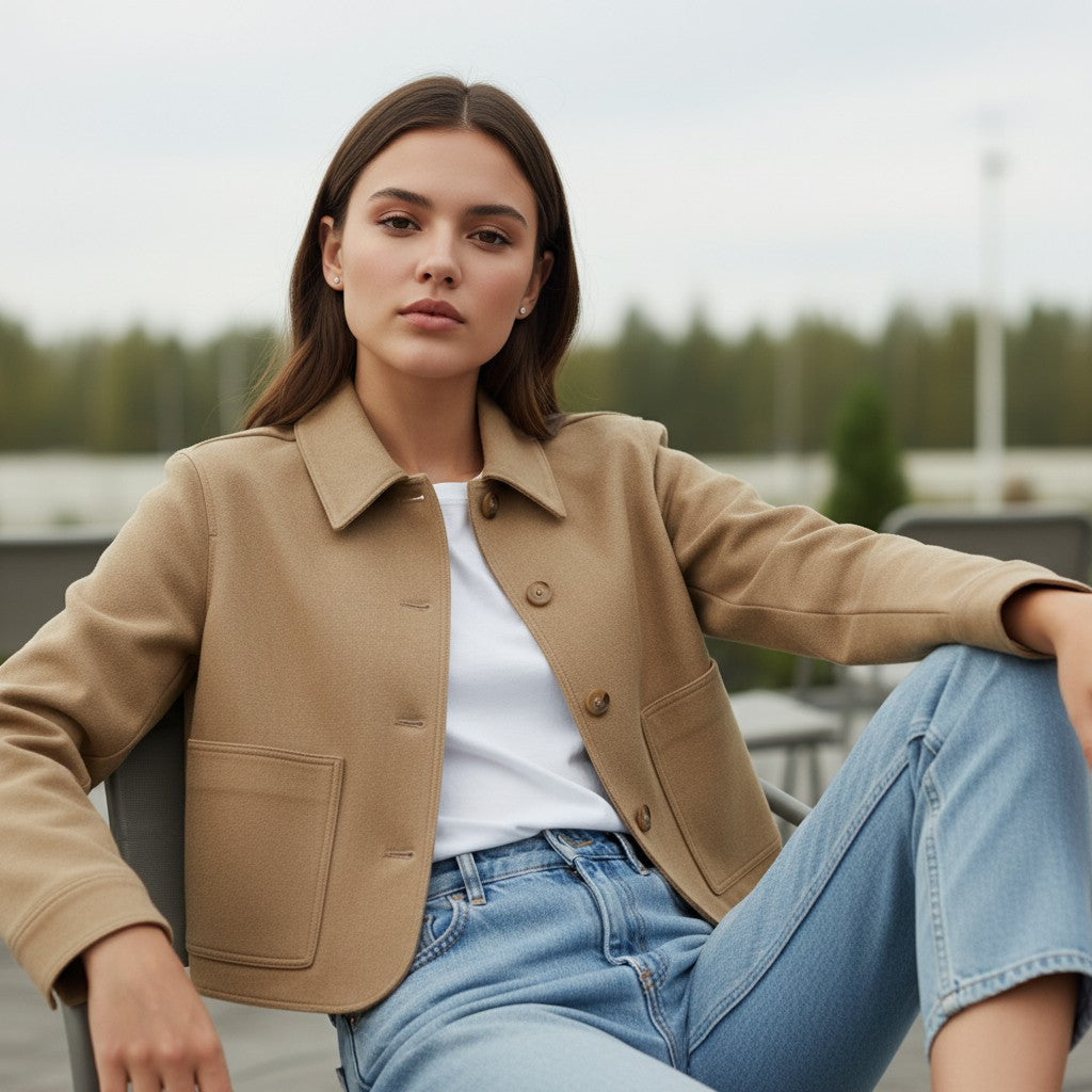 Short camel suede-look coat with a shirt collar and patch pockets