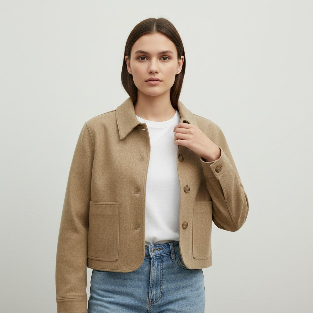 Short camel suede-look coat with a shirt collar and patch pockets