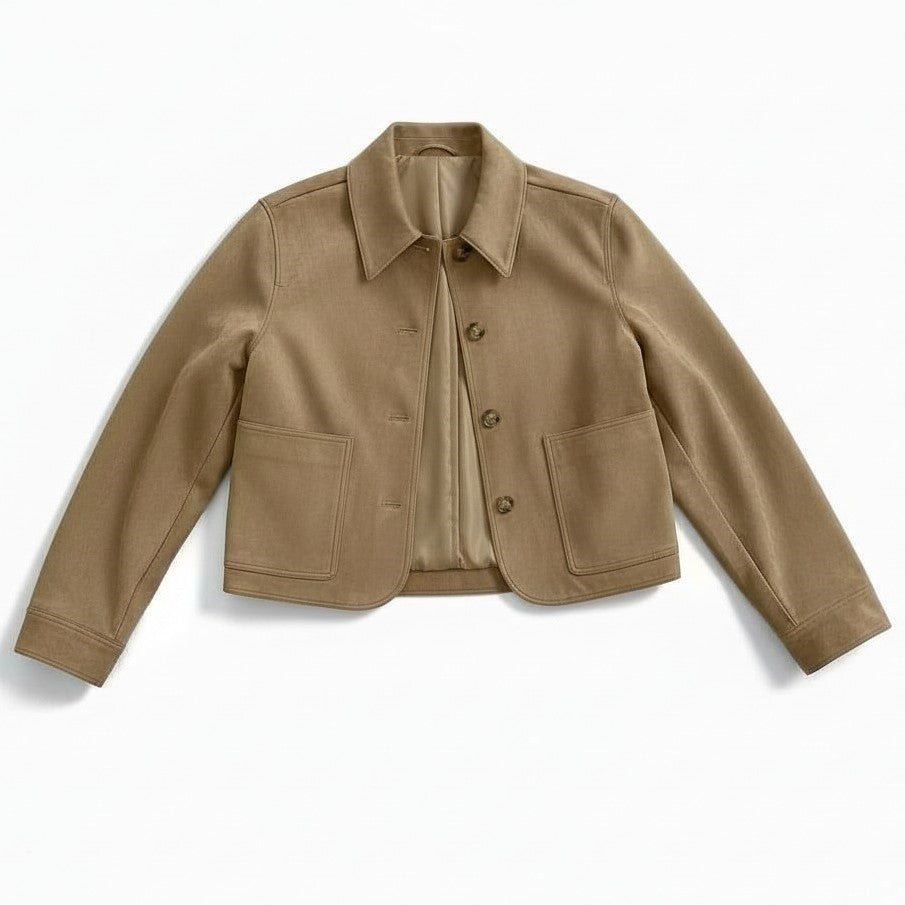 Short camel suede-look coat with a shirt collar and patch pockets