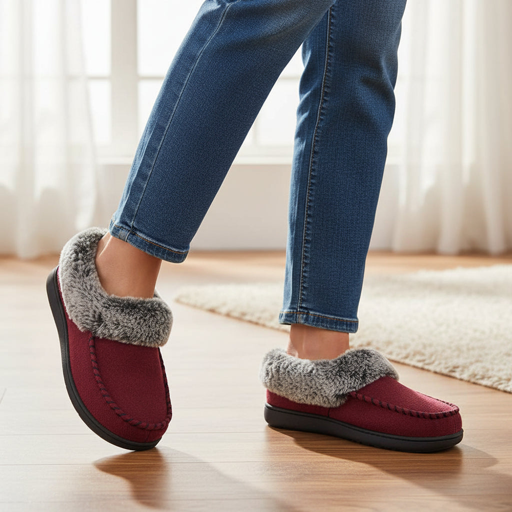 Moccasin slippers with a faux fur collar and a non-slip rubber sole in wine red