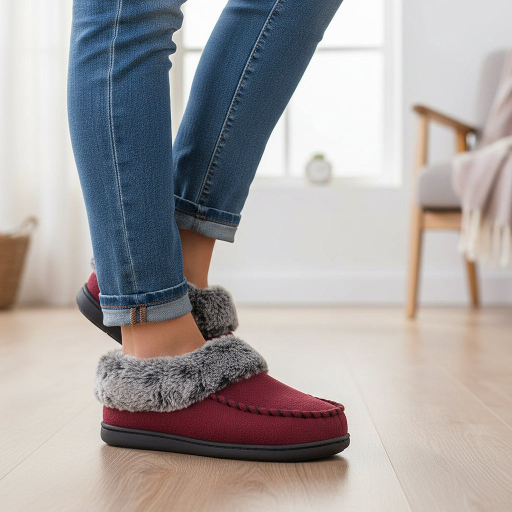 Moccasin slippers with a faux fur collar and a non-slip rubber sole