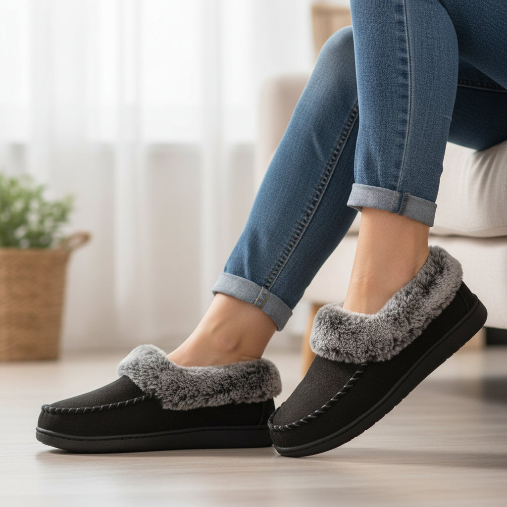 Moccasin slippers with a faux fur collar and a non-slip rubber sole