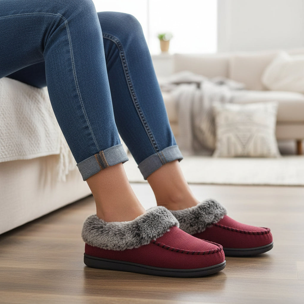 Moccasin slippers with a faux fur collar and a non-slip rubber sole